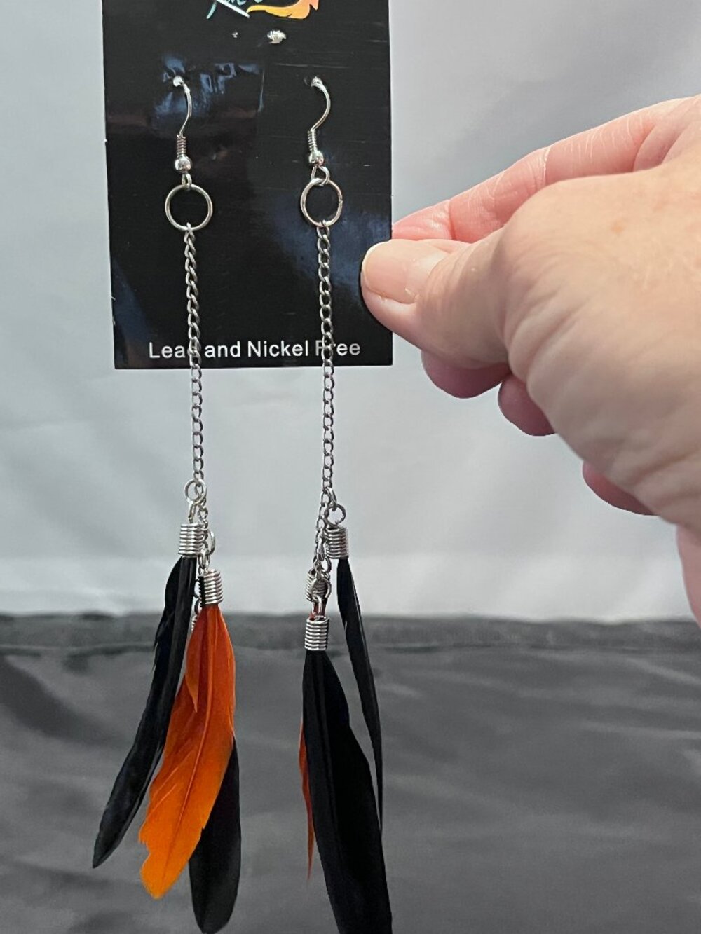 New Sassy Feathers Orange & Black Pierced Lead & Nickel Free Dangled Earrings